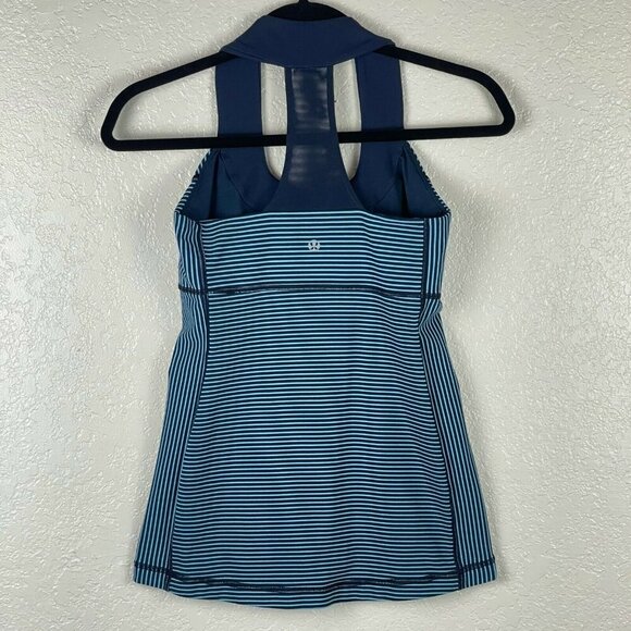 Lululemon Tank Top Womens Size 4 Scoop Neck Striped Racerback Shelf Bra Blue - Picture 2 of 8